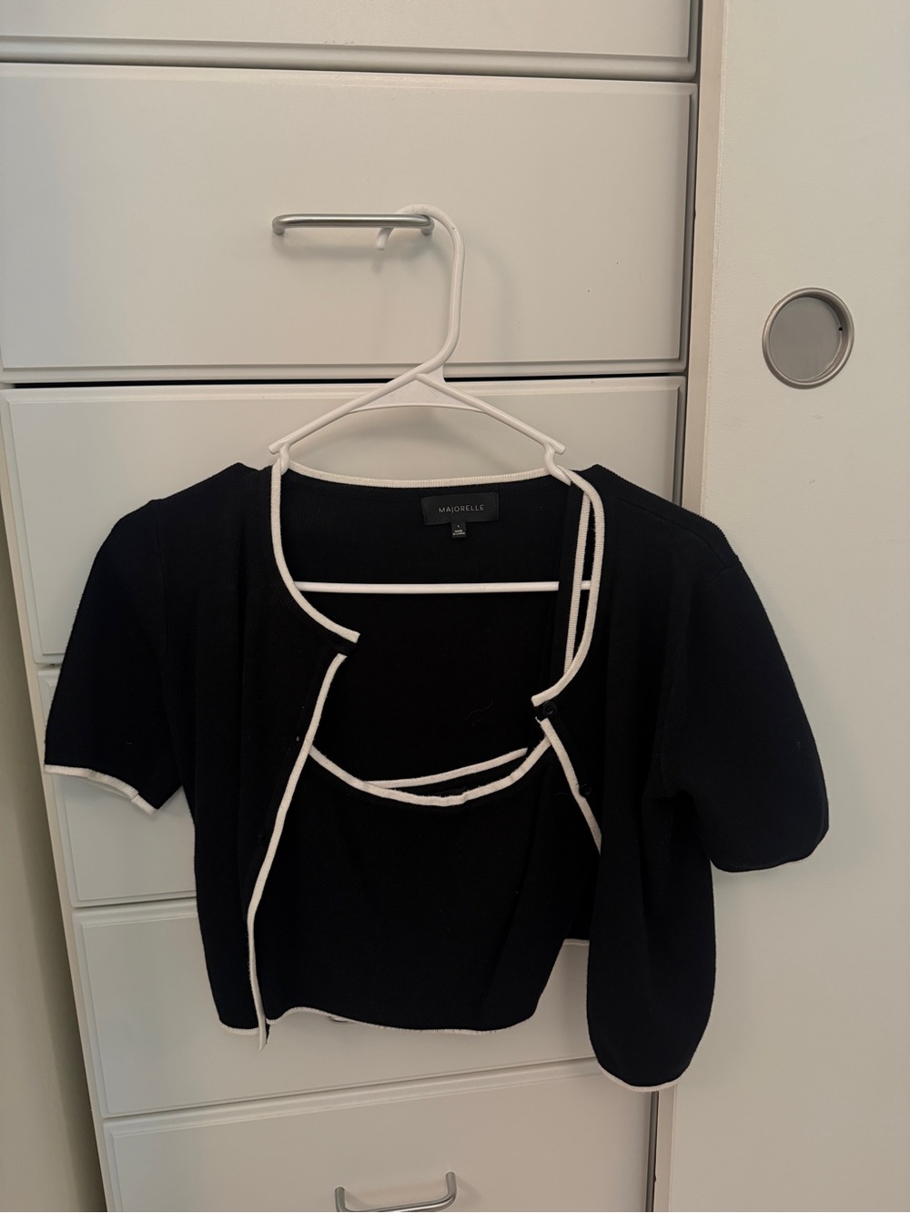 MAJORELLE Black Short-Sleeve Cropped Cardigan with White Piping